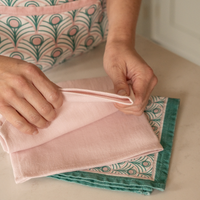 Peacock Linen Tea Towel Set in Teal & Blush Pink