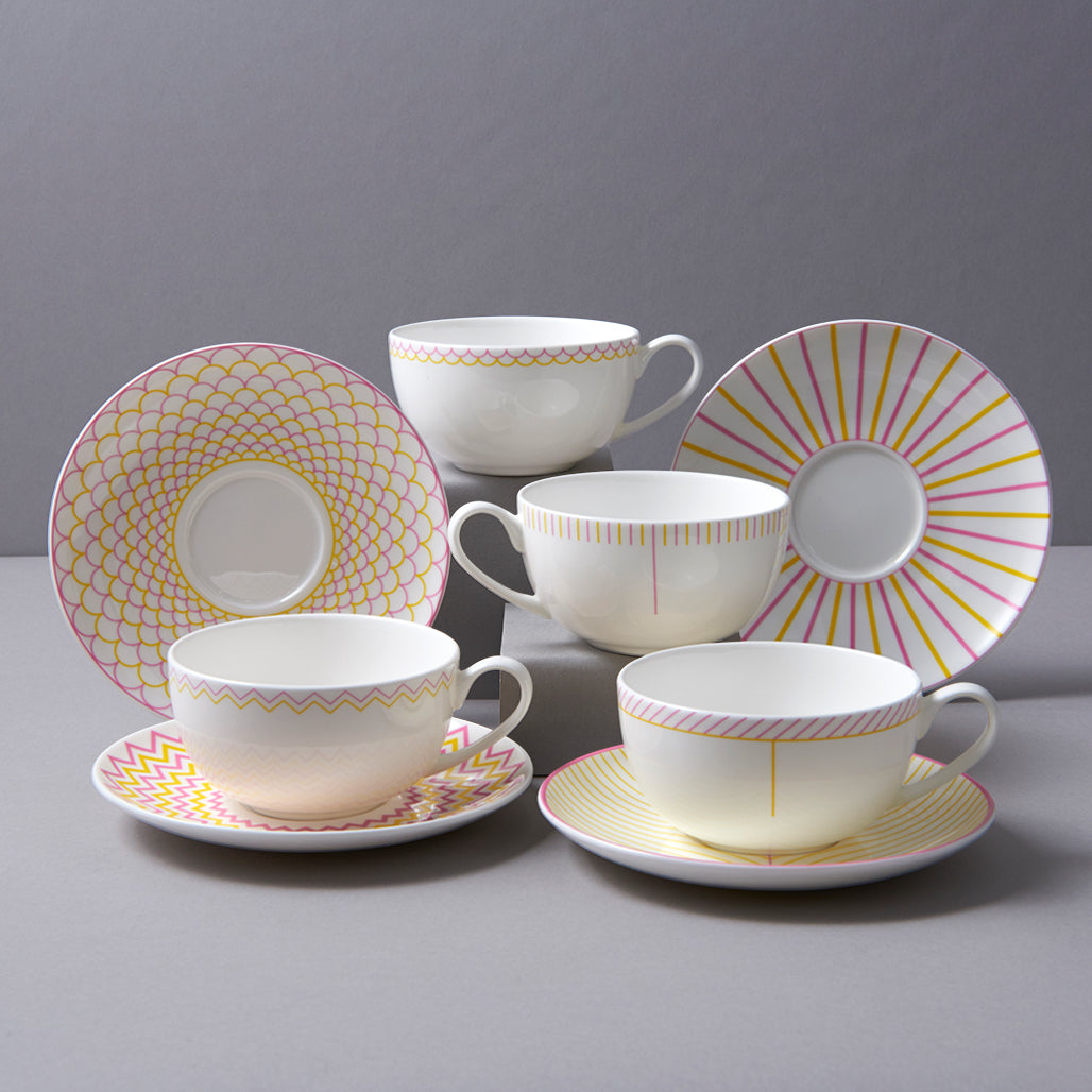 Wave Cup & Saucer in Pink & Yellow