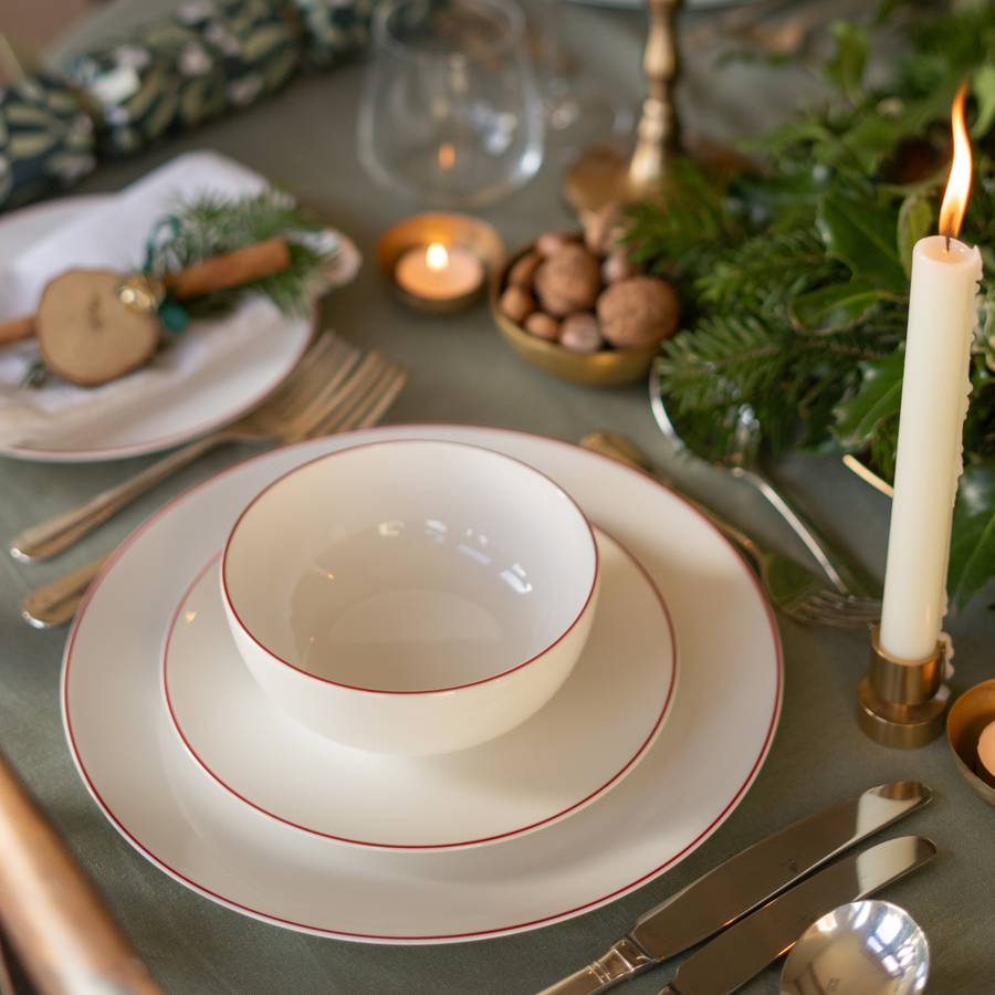 White Dinner Plate with Red Trim