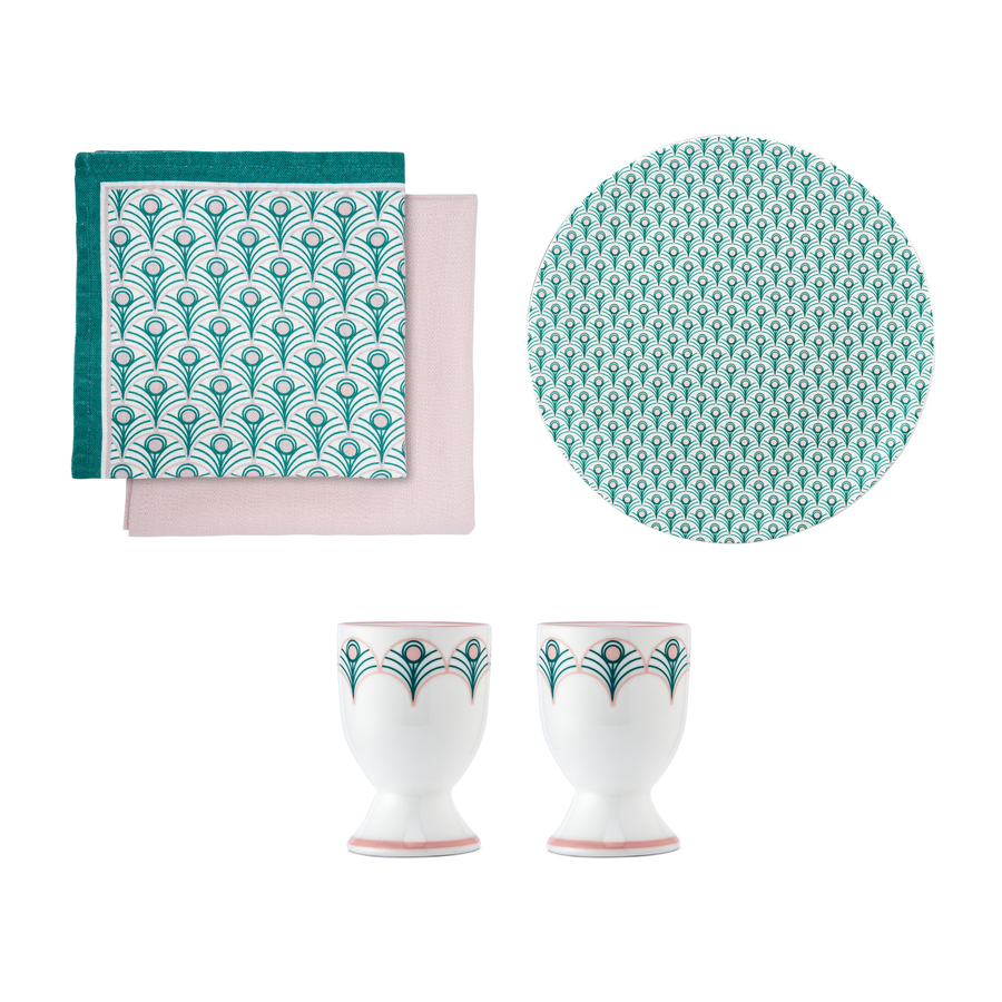 Peacock Linen Napkins, Egg Cups & Teaplate Gift Set