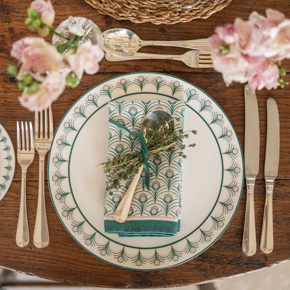 Peacock Linen Napkin Set in Teal & Blush Pink