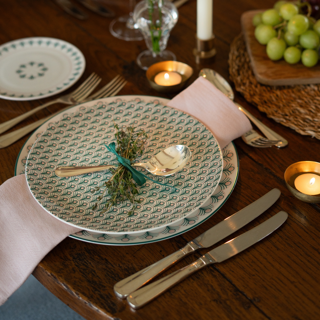 Peacock Linen Napkin Set in Teal & Blush Pink
