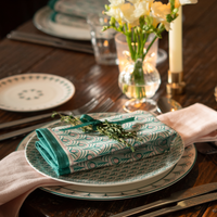 Peacock Linen Napkin Set in Teal & Blush Pink