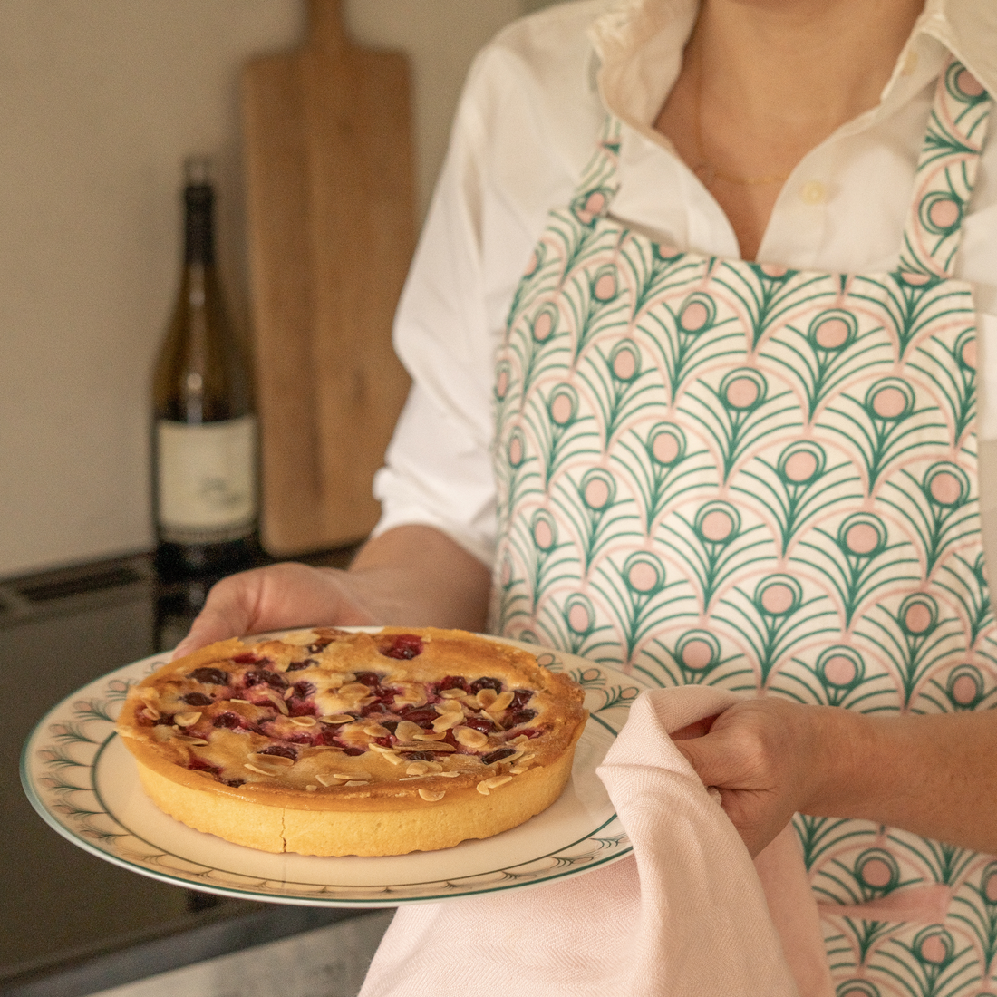 Peacock Linen Apron in Teal & Blush Pink