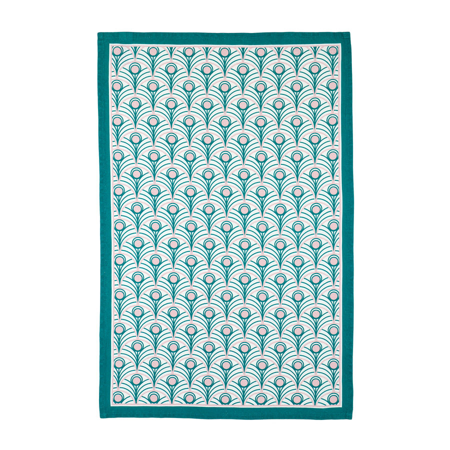 Peacock Linen Tea Towel Set in Teal & Blush Pink