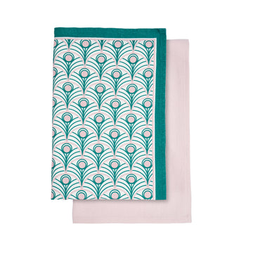 Peacock Linen Tea Towel Set in Teal & Blush Pink