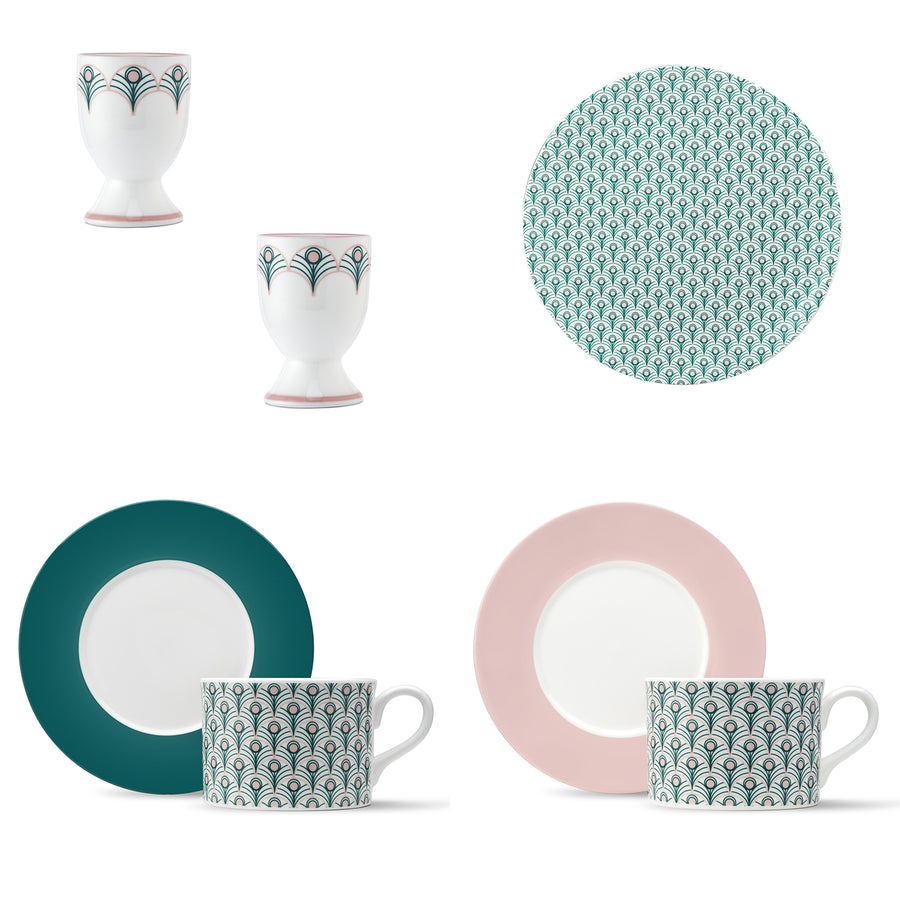 Peacock Breakfast in Bed Gift Set in Teal & Blush Pink