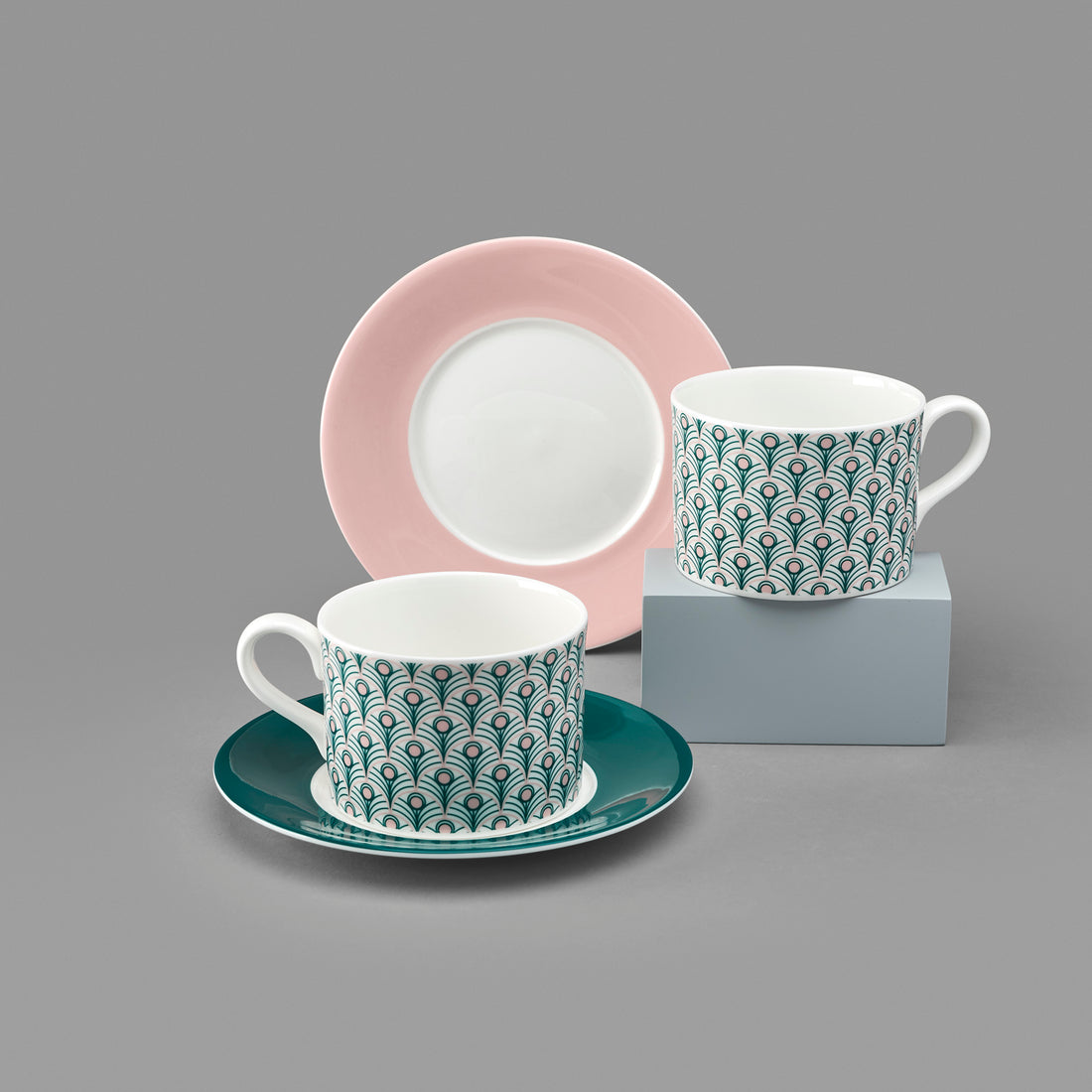 Peacock Cup & Saucer in Teal & Blush Pink [Blush Saucer]